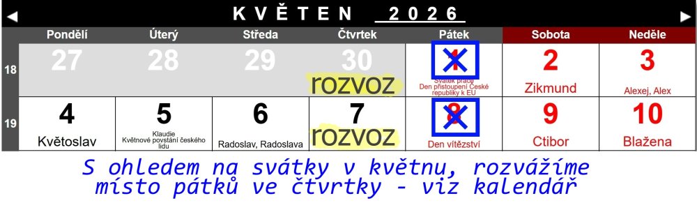 Termíny rozvozu v květnu 2026